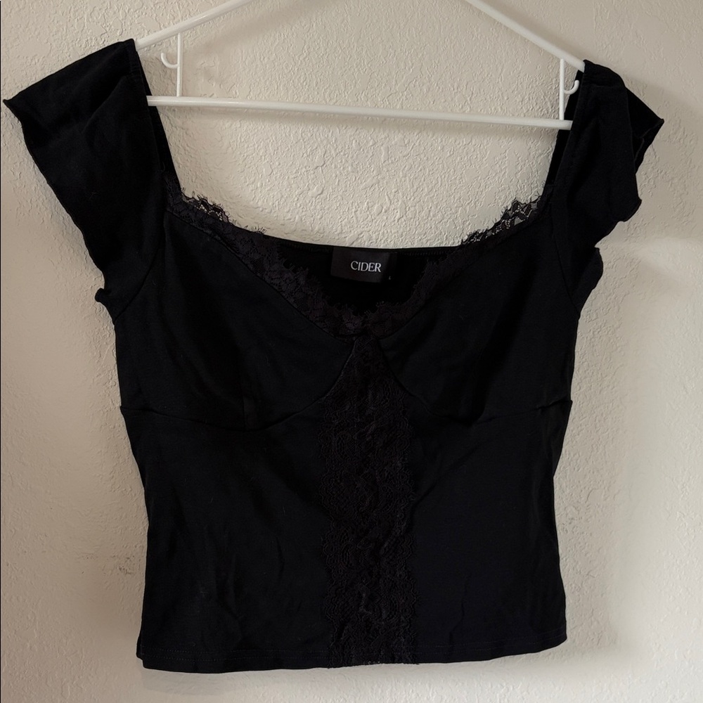 Cider Black Lace-Trim Square Neck Crop Top NWOT